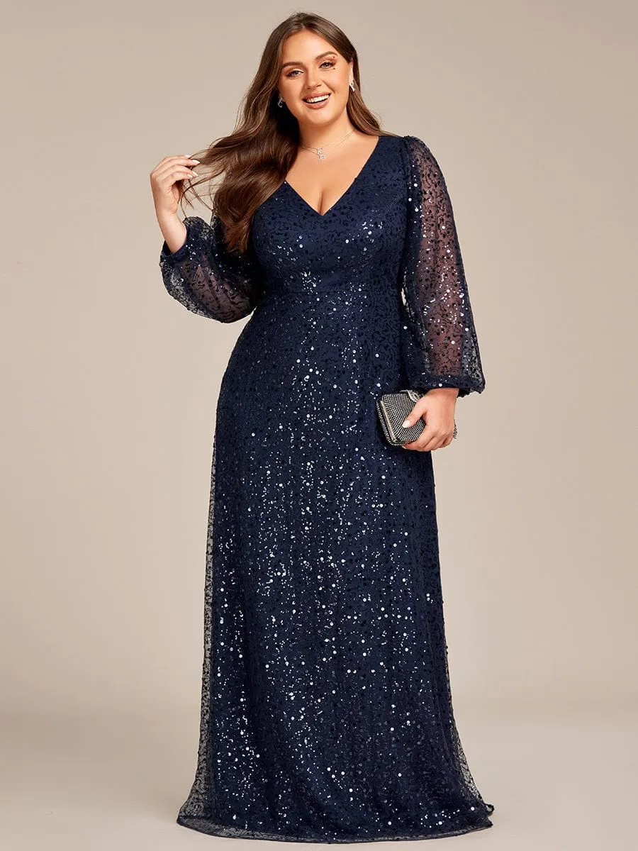 Shimmering All Over V-Neck Long Lantern Sleeve Sequin A-Line Evening Dress