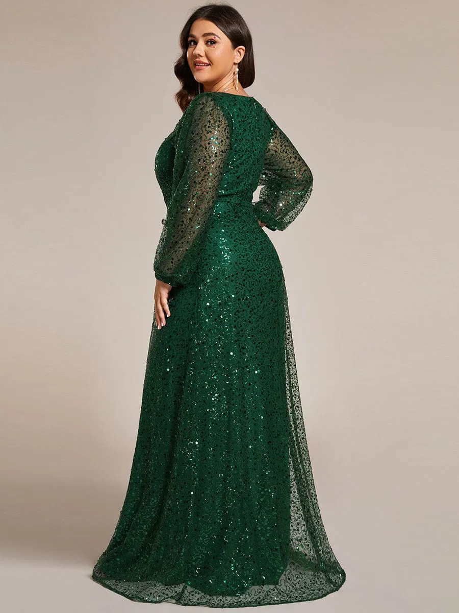 Shimmering All Over V-Neck Long Lantern Sleeve Sequin A-Line Evening Dress