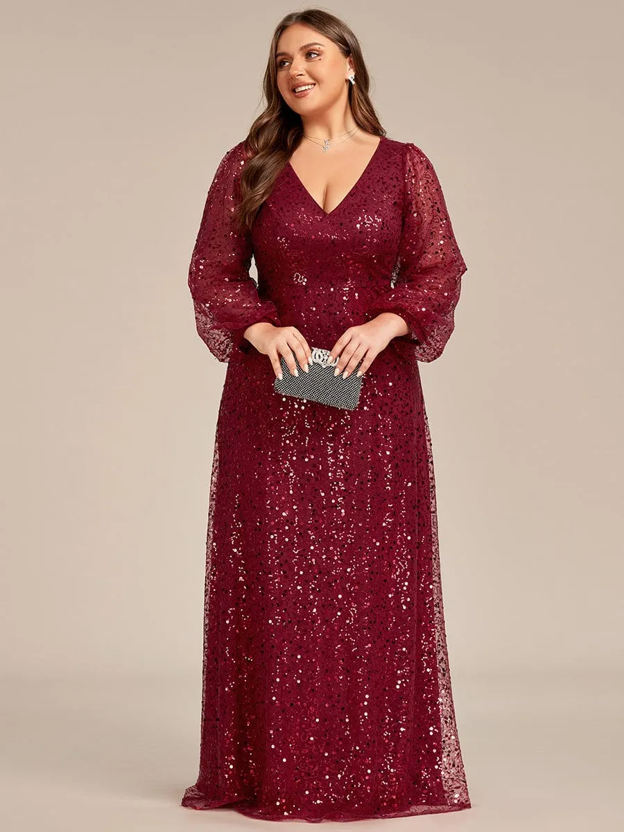 Shimmering All Over V-Neck Long Lantern Sleeve Sequin A-Line Evening Dress