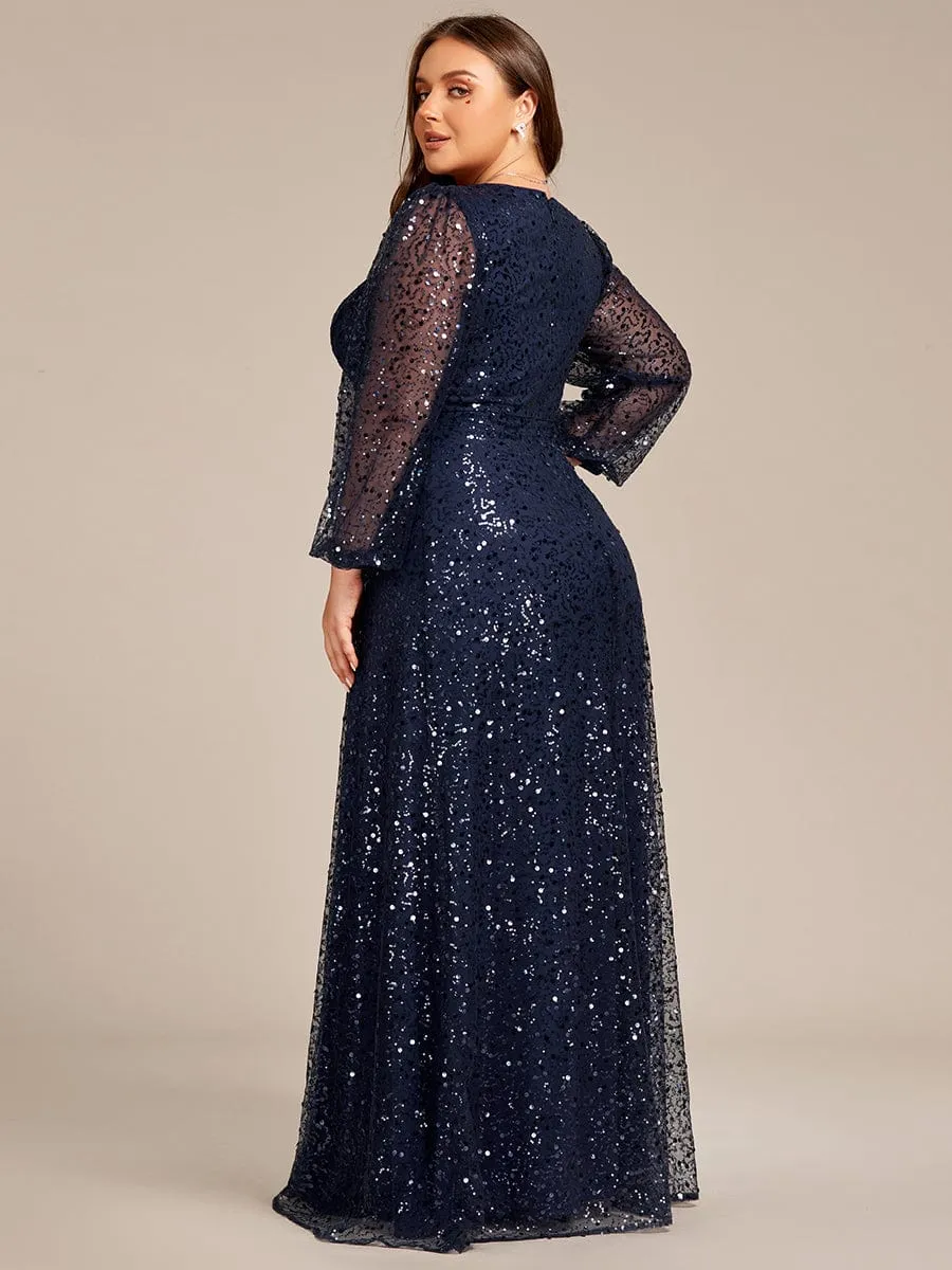 Shimmering All Over V-Neck Long Lantern Sleeve Sequin A-Line Evening Dress