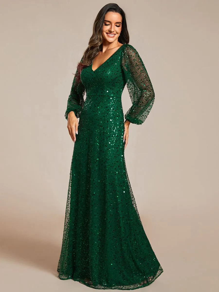 Shimmering All Over V-Neck Long Lantern Sleeve Sequin A-Line Evening Dress