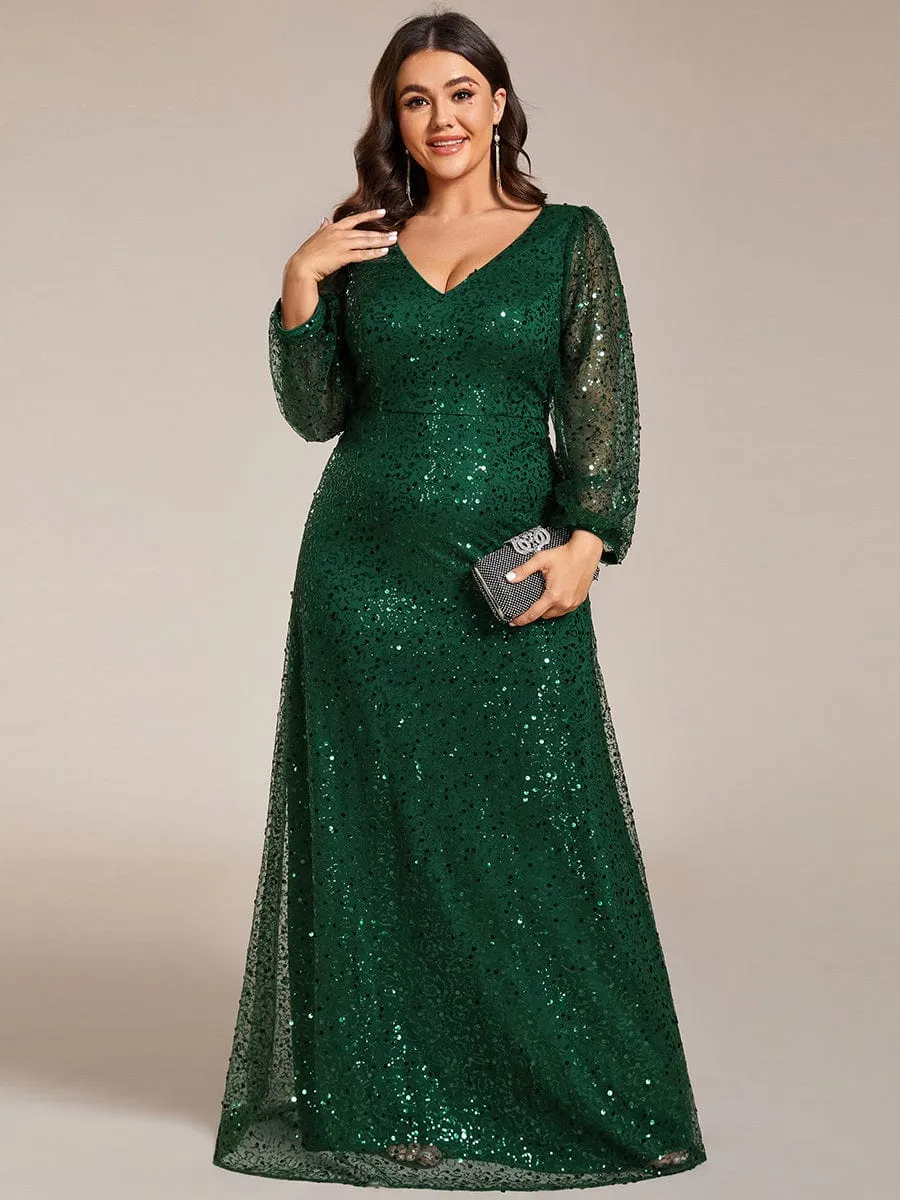 Shimmering All Over V-Neck Long Lantern Sleeve Sequin A-Line Evening Dress