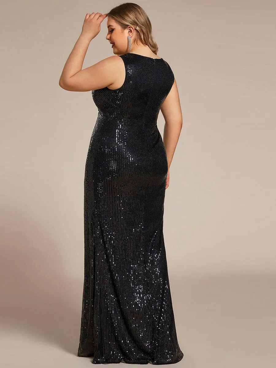 Shiny Sleeveless Sequin Deep V-Neck High Slit Evening Dress