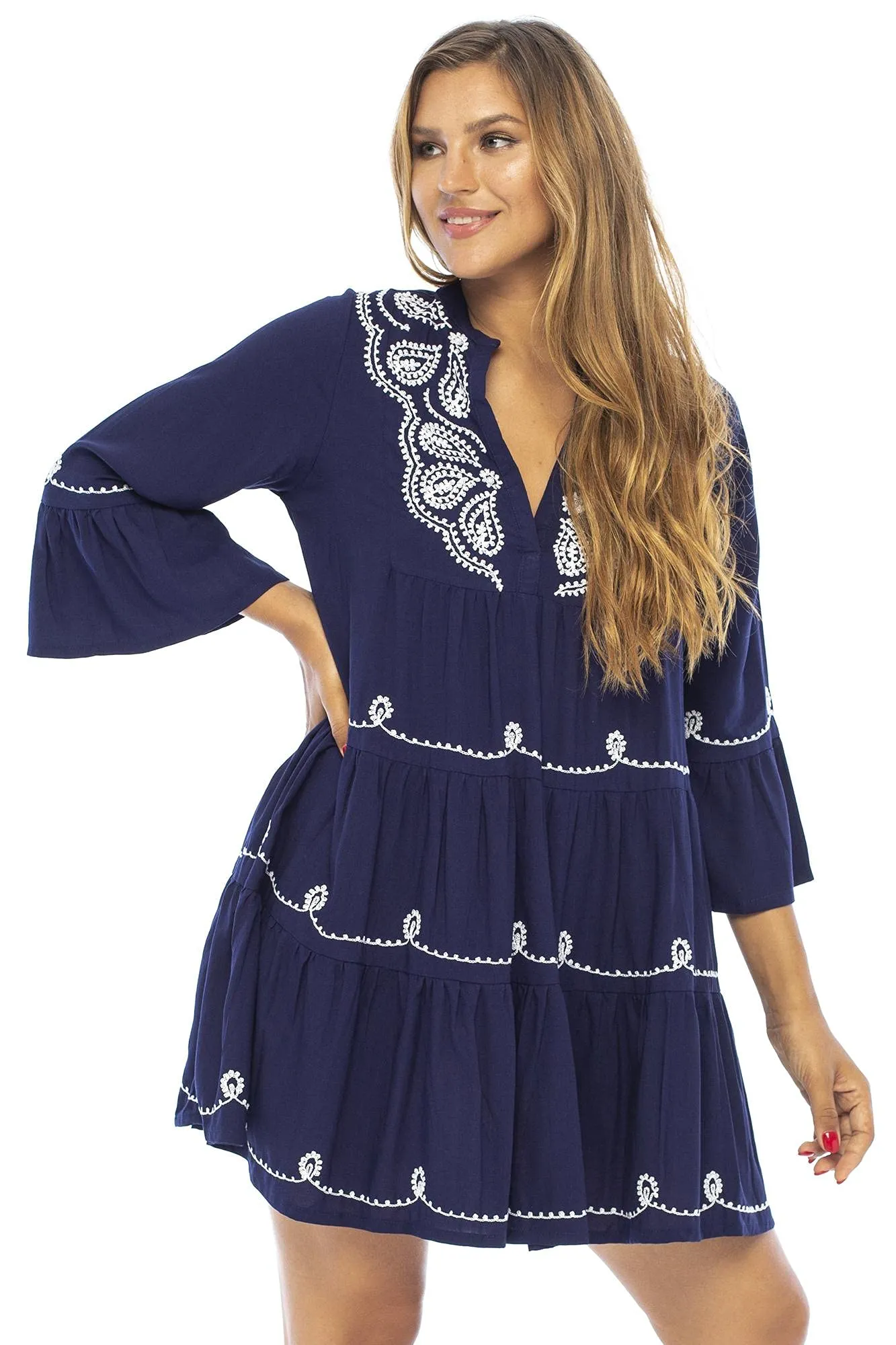 Short Flowy Boho Print Dress with Embroidered V Neck