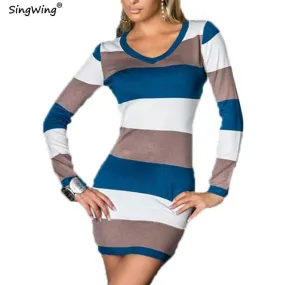 Singwing Women Long-sleeved striped Dresses V-neck Casual Style Sheath Dress Autumn Female's Dresses