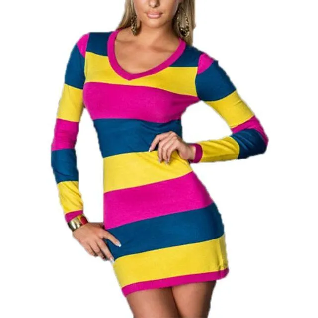 Singwing Women Long-sleeved striped Dresses V-neck Casual Style Sheath Dress Autumn Female's Dresses