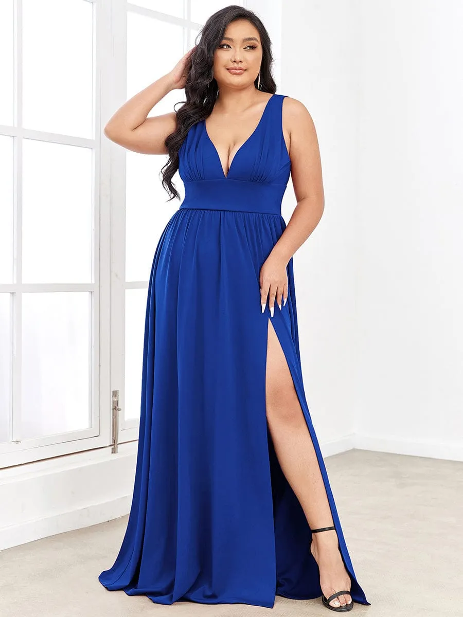 Sleeveless V-Neck Empire Waist High Slit Floor-Length Evening Dress