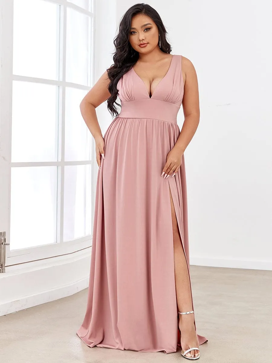 Sleeveless V-Neck Empire Waist High Slit Floor-Length Evening Dress