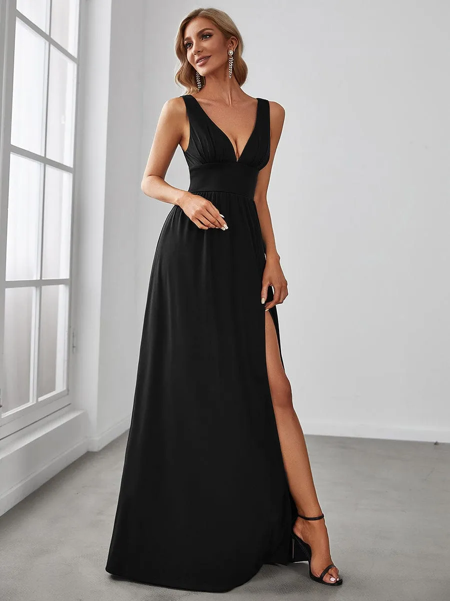 Sleeveless V-Neck Empire Waist High Slit Floor-Length Evening Dress