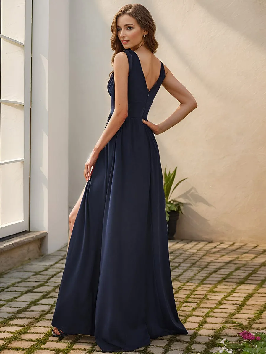 Sleeveless V-Neck Empire Waist High Slit Floor-Length Evening Dress