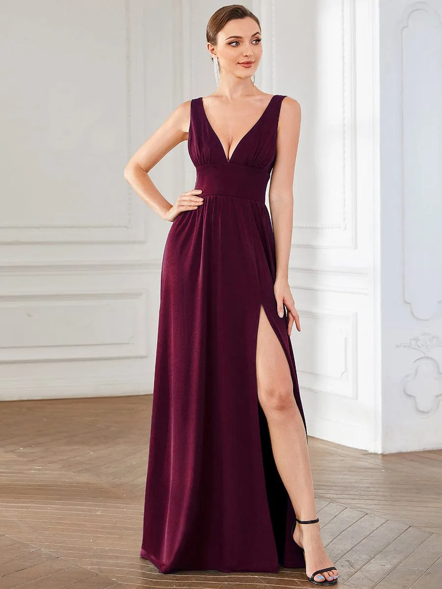 Sleeveless V-Neck Empire Waist High Slit Floor-Length Evening Dress