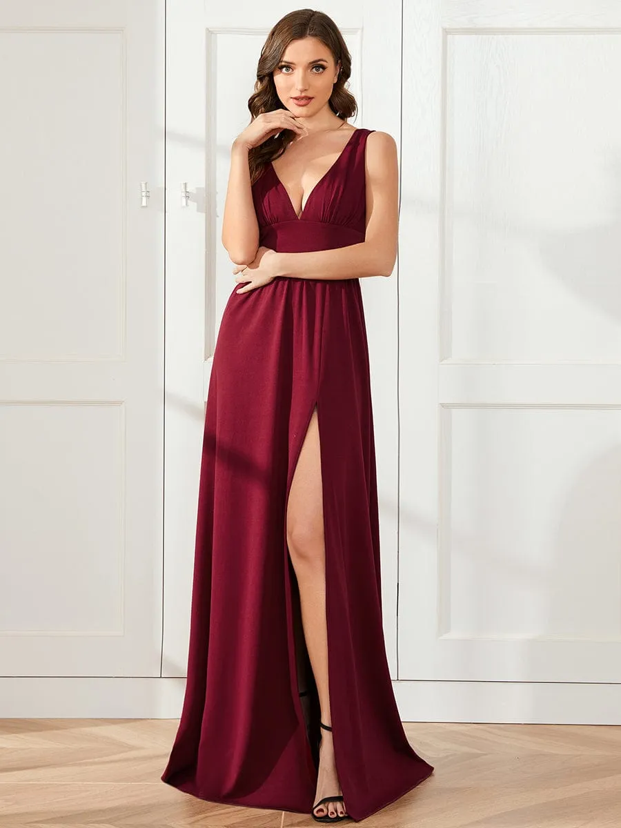 Sleeveless V-Neck Empire Waist High Slit Floor-Length Evening Dress