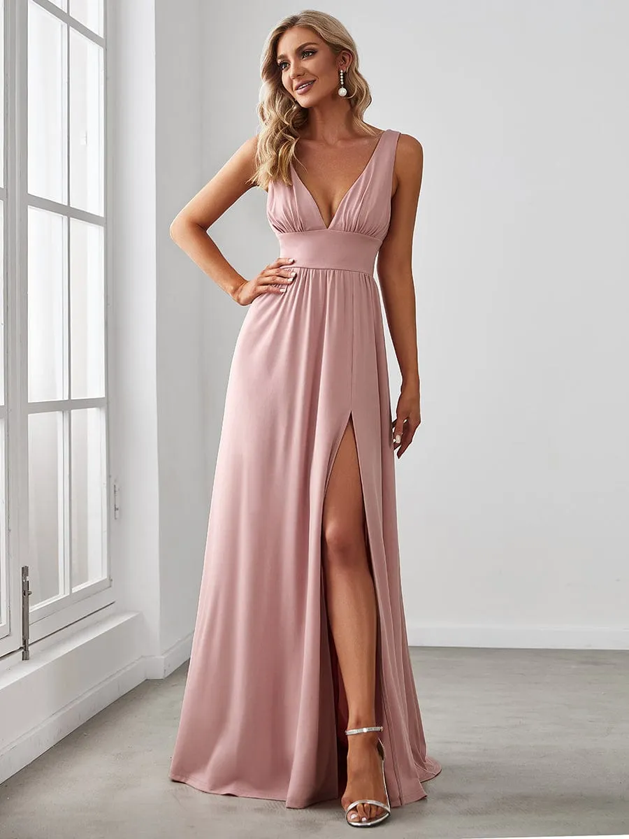 Sleeveless V-Neck Empire Waist High Slit Floor-Length Evening Dress