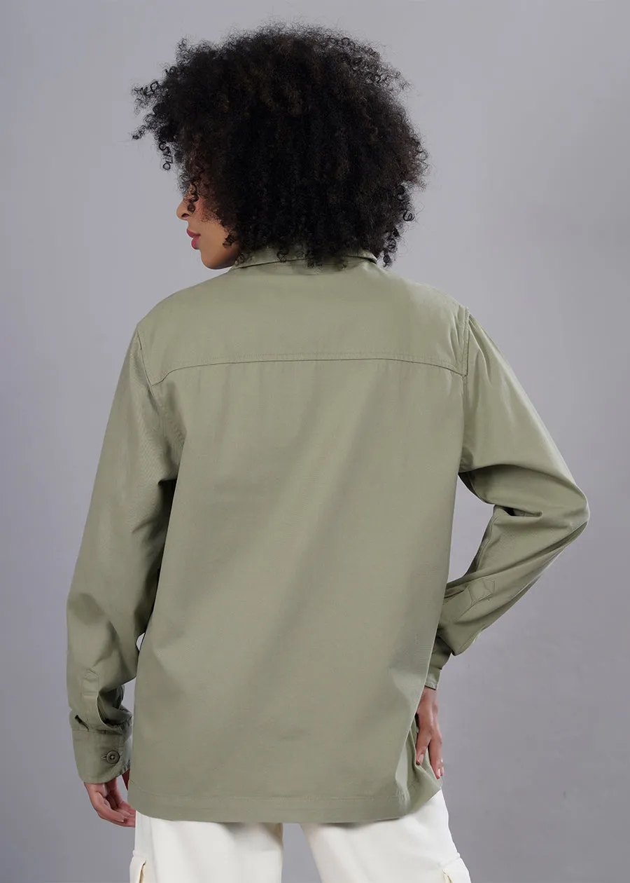 Solid Olive Green Shacket For Women | Pronk