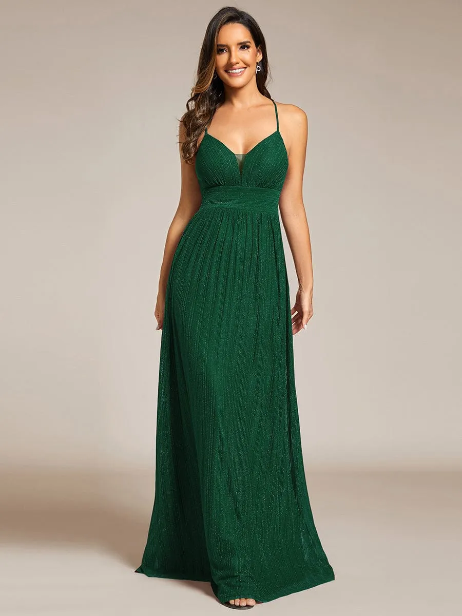 Sparkle Sleeveless Backless Formal Evening Dress with V-Neck