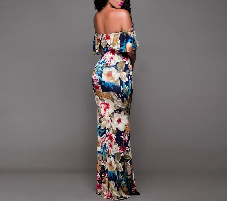 Summer Style Off Shoulder Ruffled Floral Print Maxi Dress