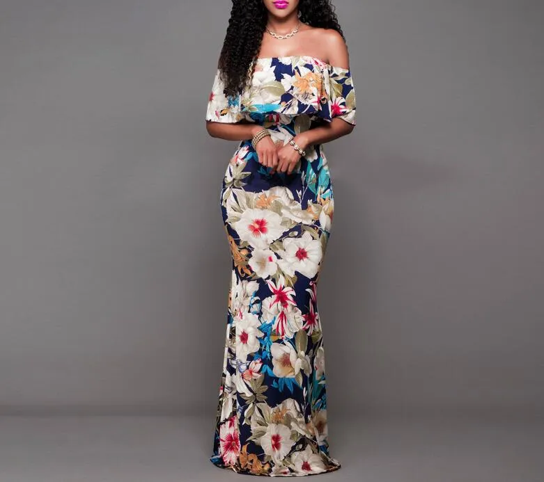 Summer Style Off Shoulder Ruffled Floral Print Maxi Dress