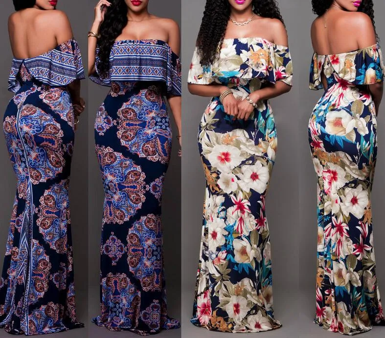 Summer Style Off Shoulder Ruffled Floral Print Maxi Dress