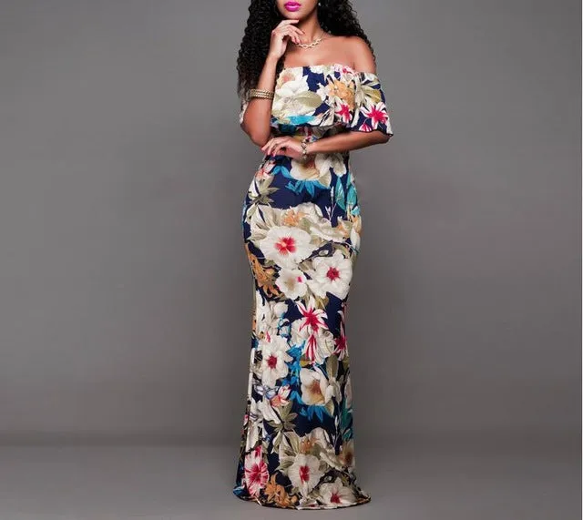 Summer Style Off Shoulder Ruffled Floral Print Maxi Dress