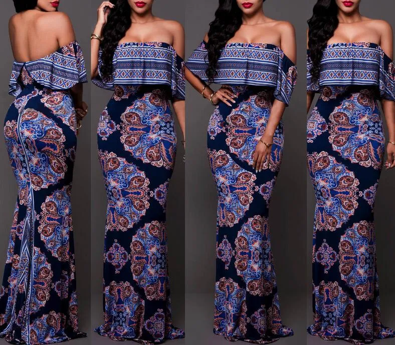 Summer Style Off Shoulder Ruffled Floral Print Maxi Dress