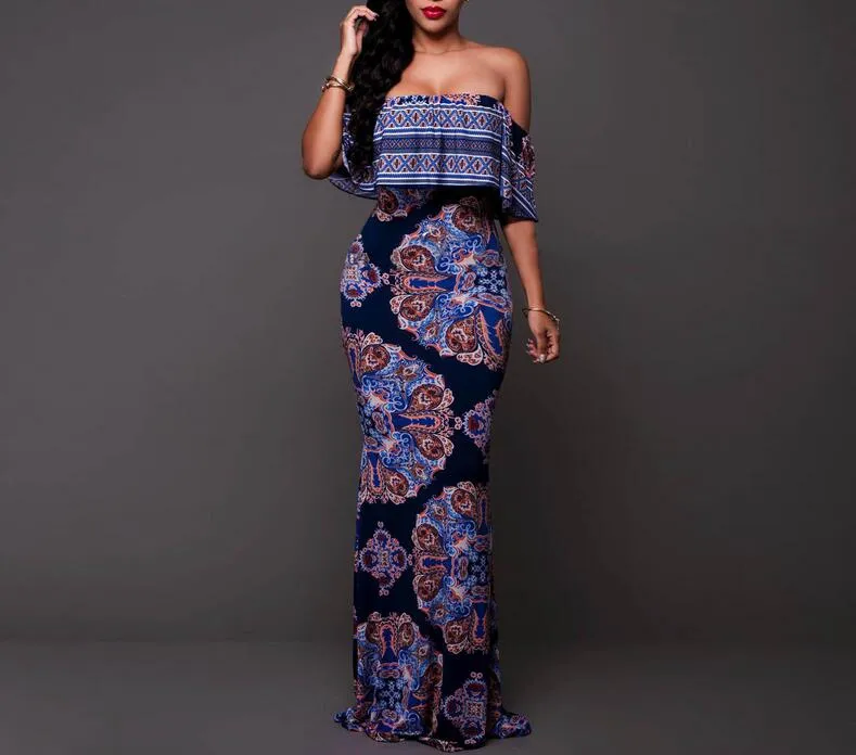 Summer Style Off Shoulder Ruffled Floral Print Maxi Dress