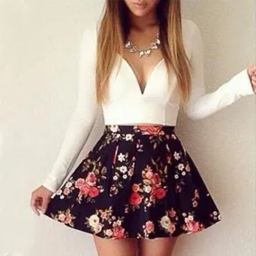 V-neck Long-sleeved Low-cut Floral Mini Dress