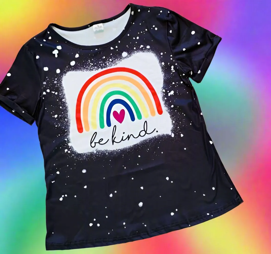 Women and Girls Rainbow Shirts, Matching Mom and Me Tops, Graphic "Be Kind" T-Shirts, Sizes Adult & Child, Black/Multi