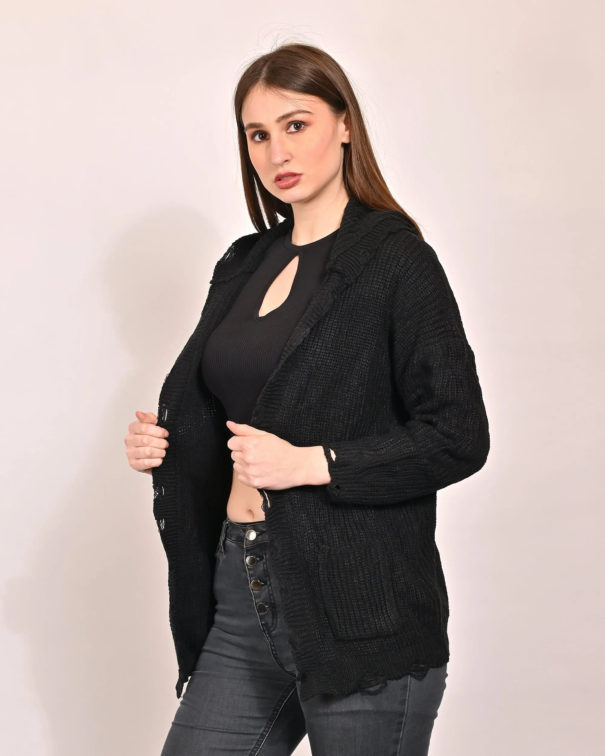 Women Black Hooded Shrug