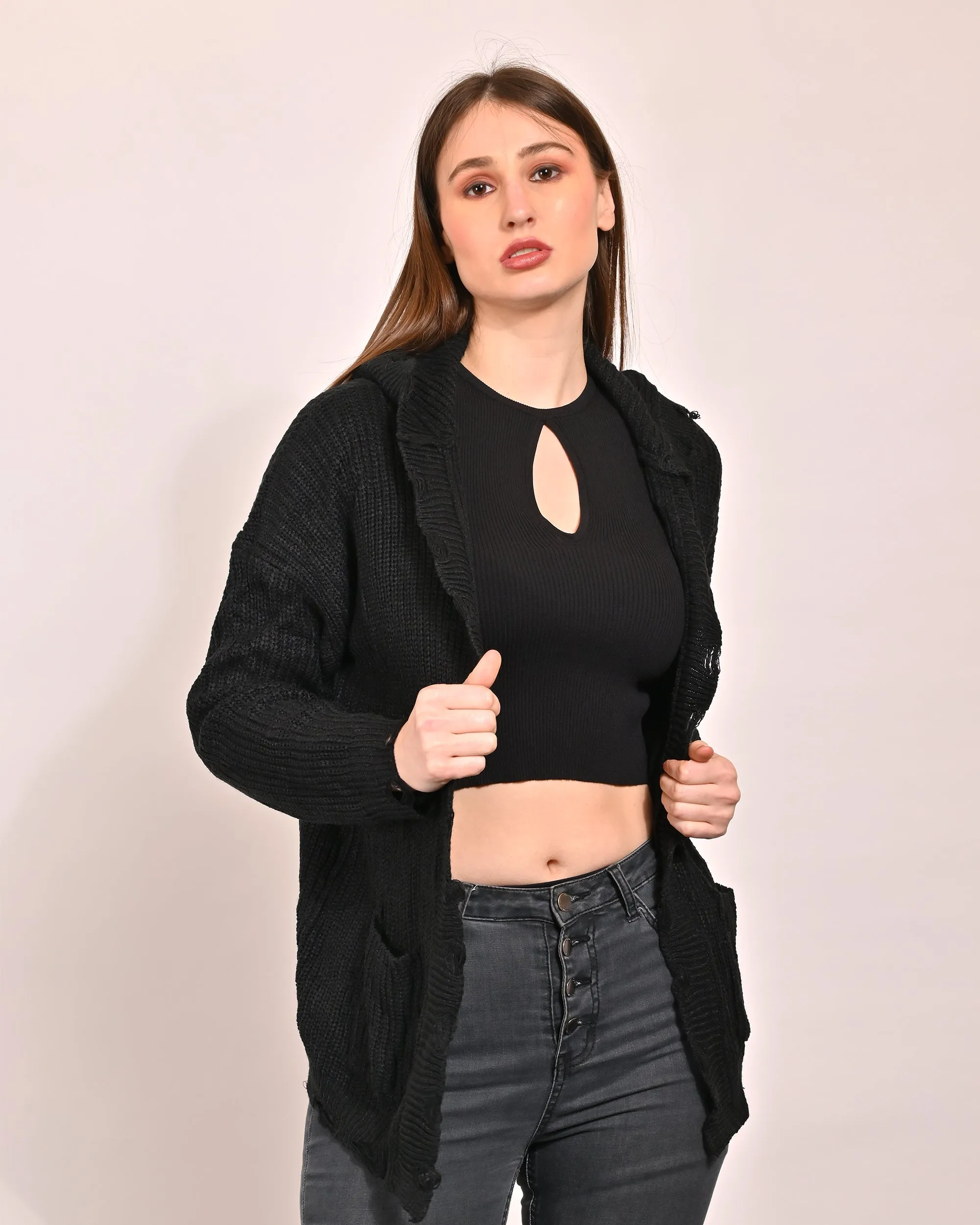 Women Black Hooded Shrug