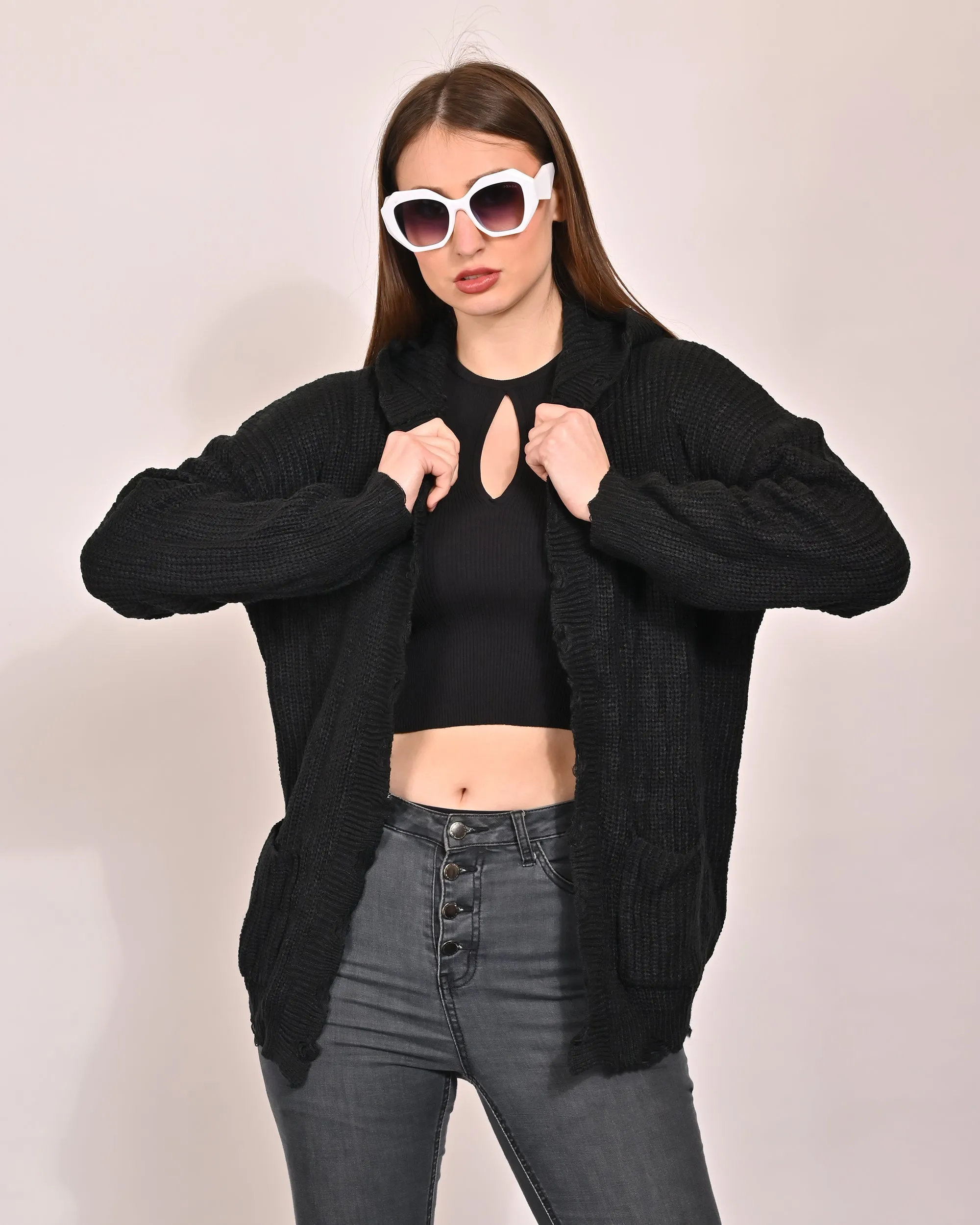 Women Black Hooded Shrug