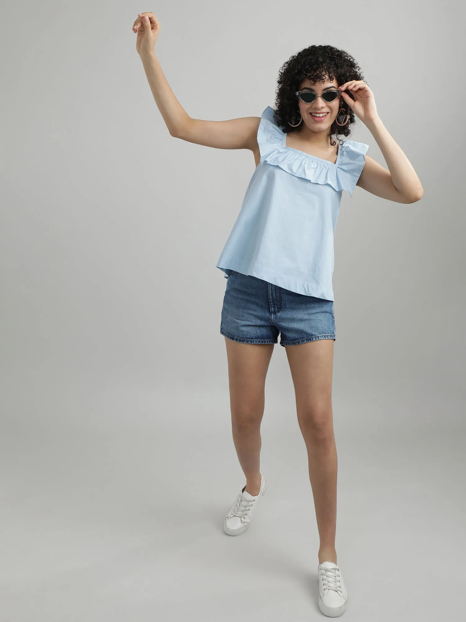 Women Cotton Blue Relaxed Top