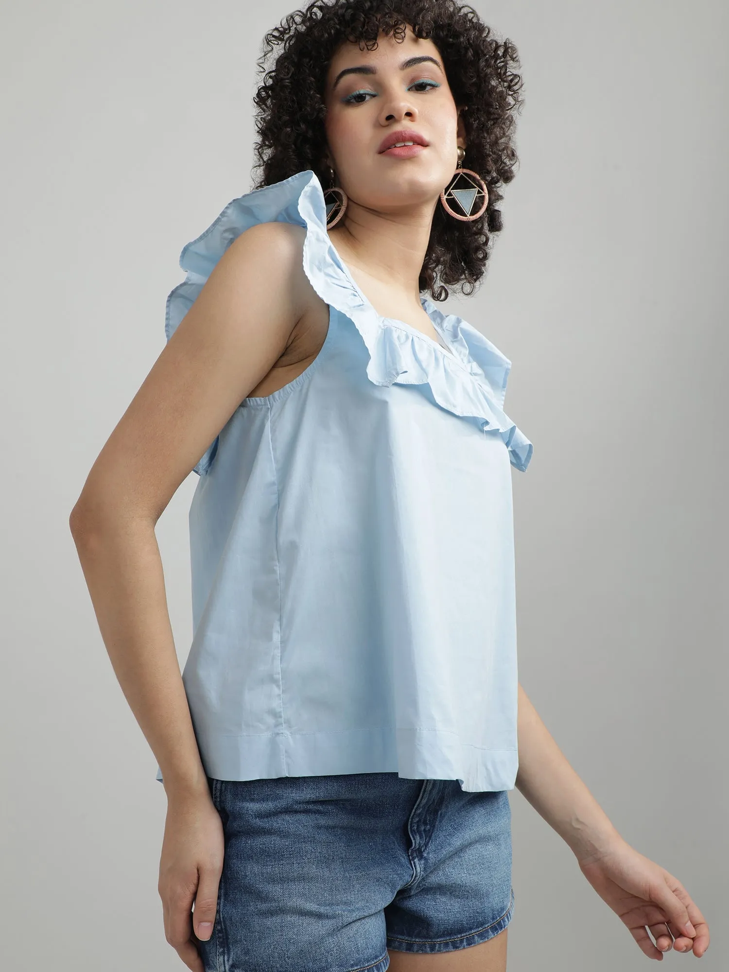 Women Cotton Blue Relaxed Top