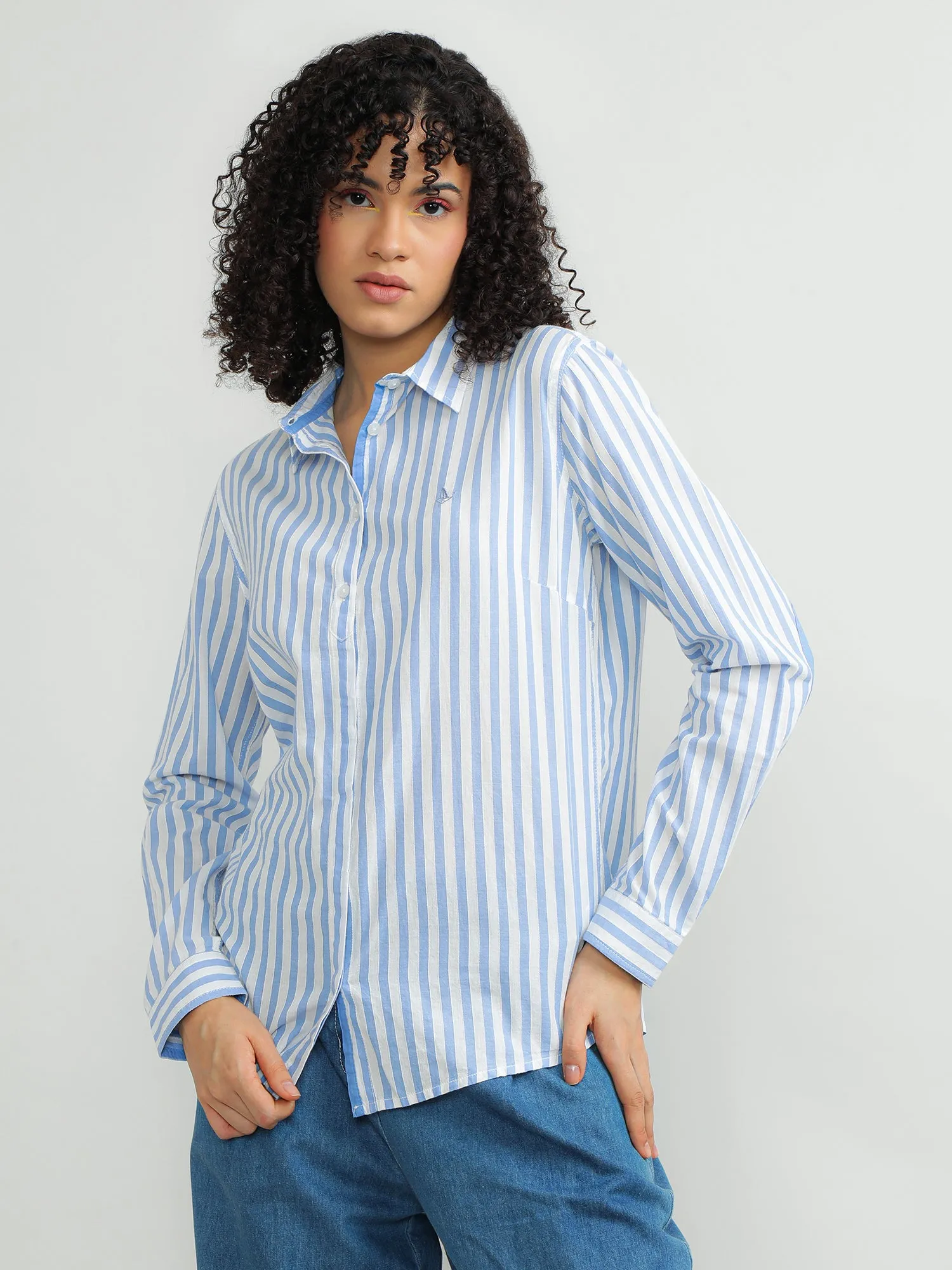 Women Cotton Blue Smart Shirt