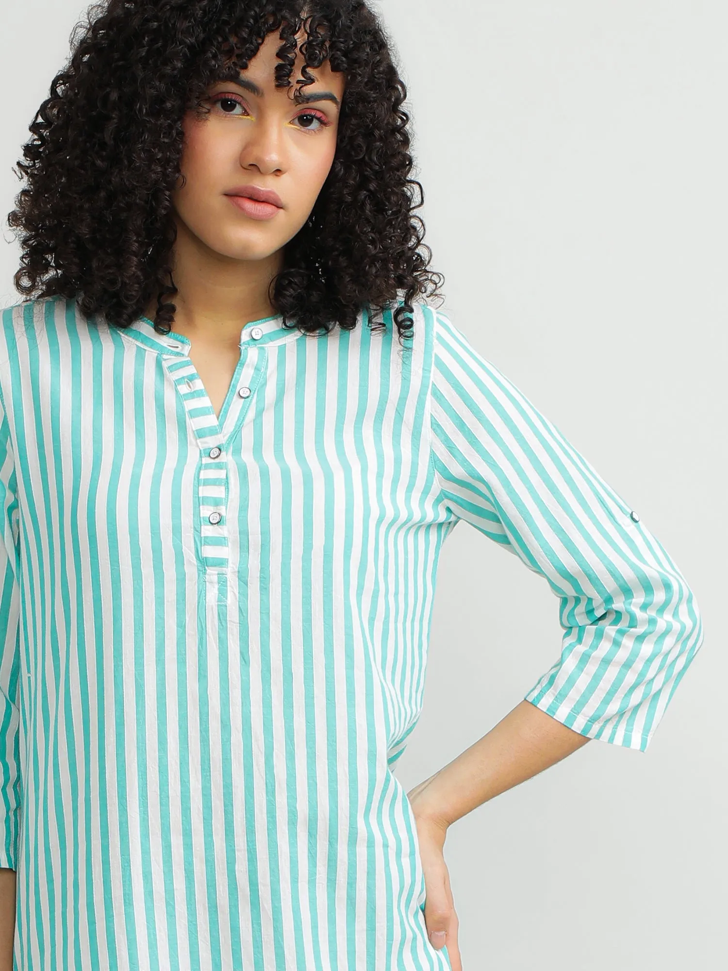 Women Cotton Green Stripe Dress