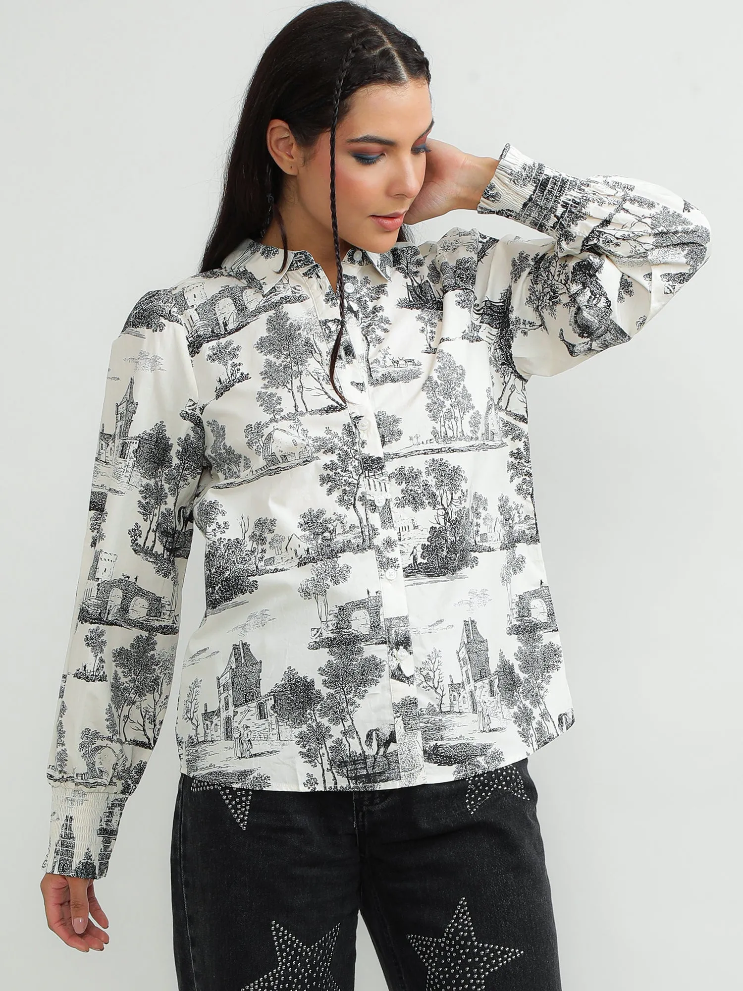 Women Cotton White Printed Shirt