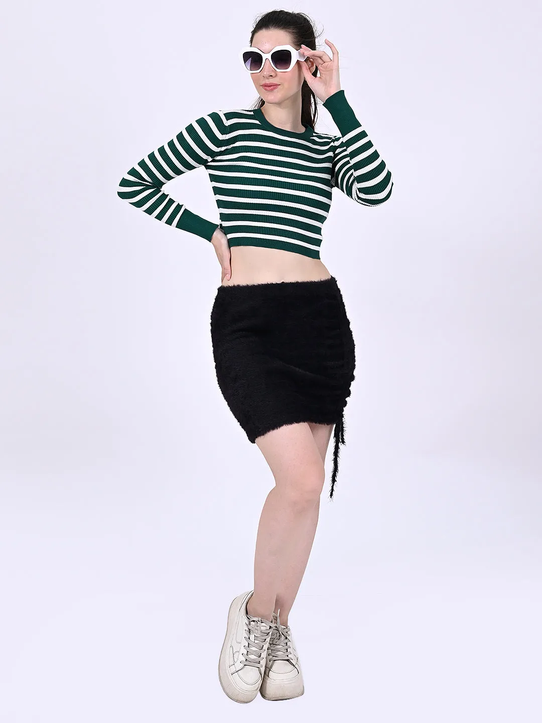 Women Green Striped Crop Top