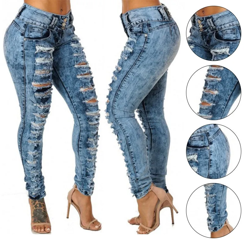 Womens Sexy High Waist Pencil Jeans Casual Blue Ripped Denim Pants Lady Long Skinny Slim Jeans